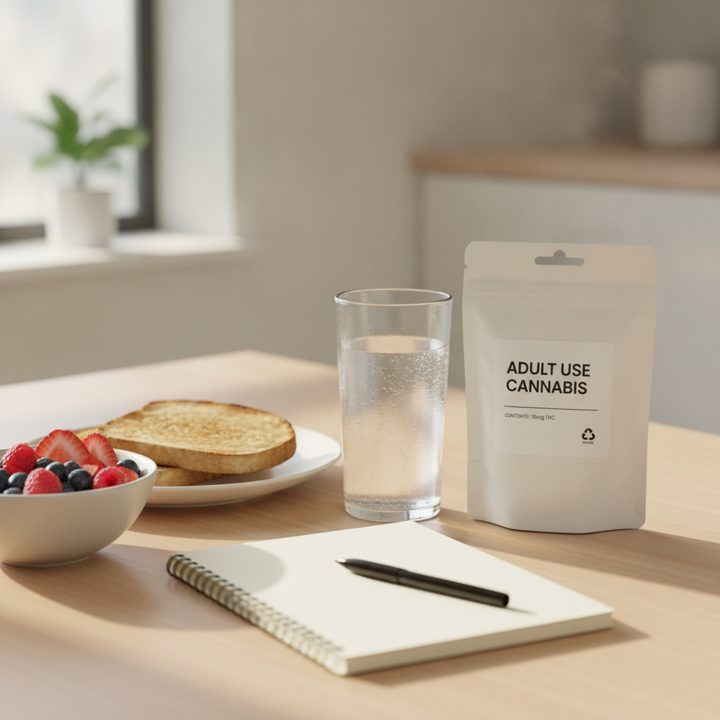 Water, toast, fruit, notebook, and sealed legal cannabis packaging on a sunlit breakfast table