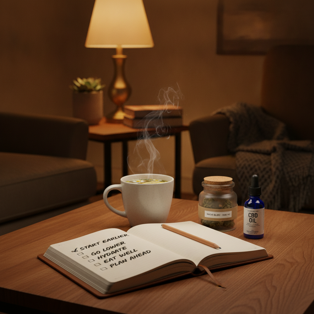 Warm evening scene with tea, a checklist reading start earlier go lower, and a small sealed legal cannabis product nearby