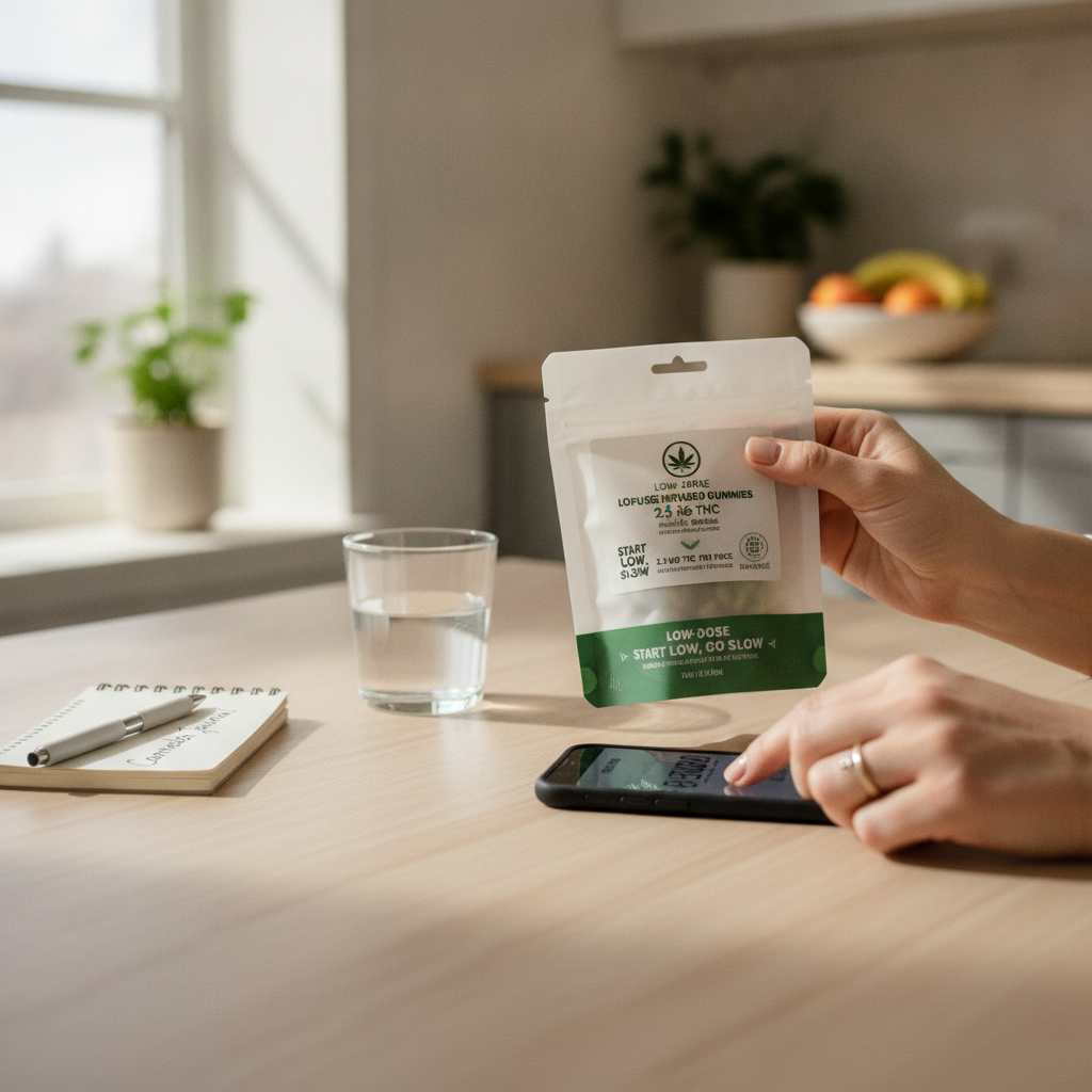 Adult hand checking a low-dose edible label and setting a phone timer on a kitchen table