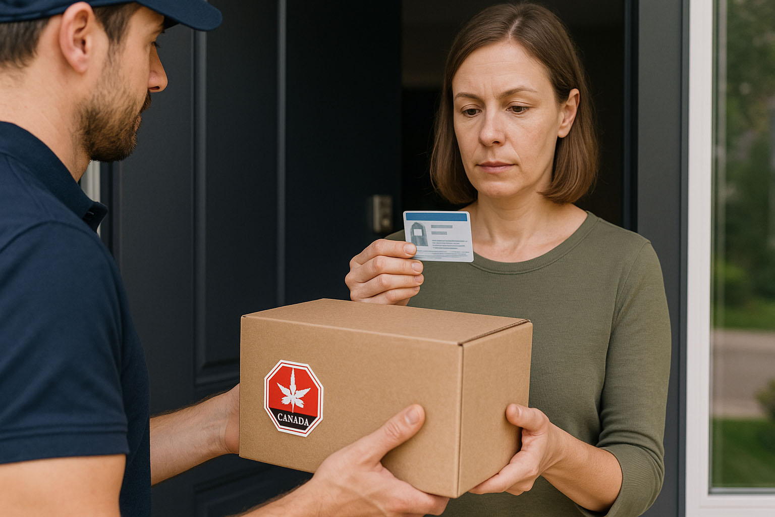 Courier handing a plain box to an adult showing ID at the door
