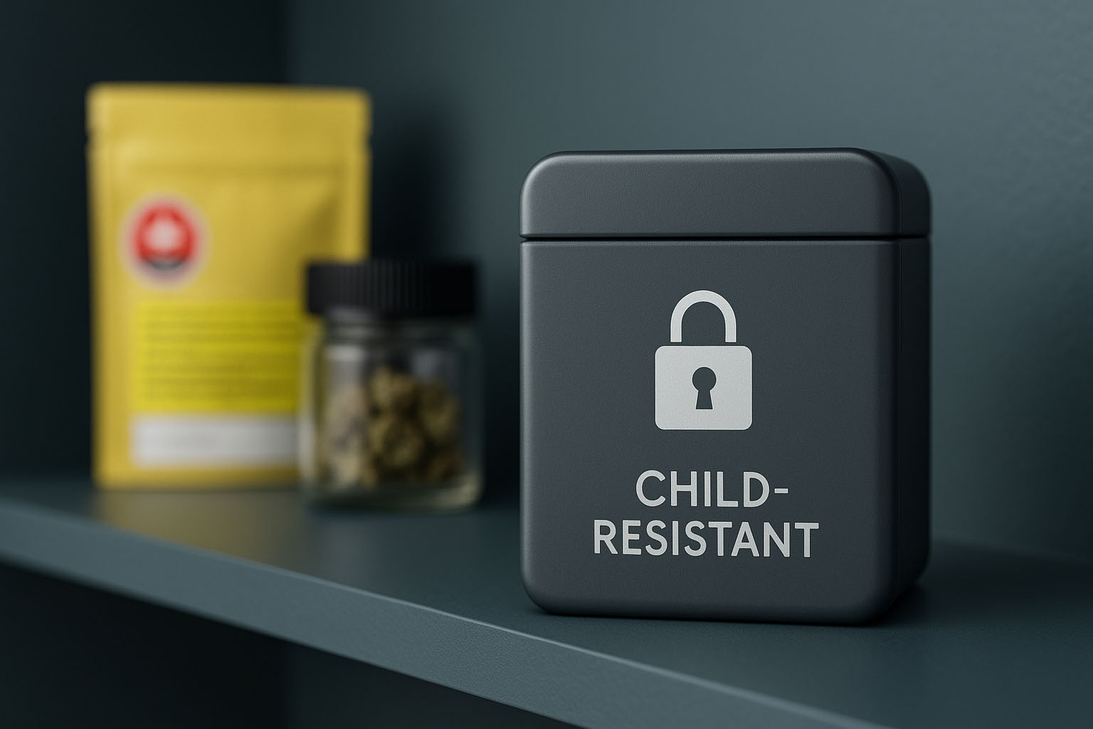 Plain, child-resistant storage tin with a lock symbol and cannabis products stored out of reach