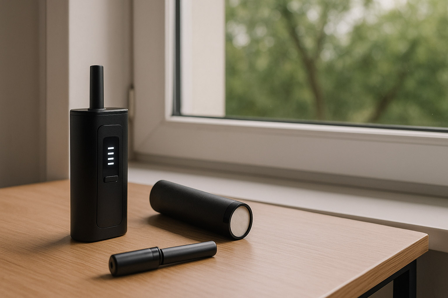 Compact dry-herb vape next to a carbon filter tube and open window