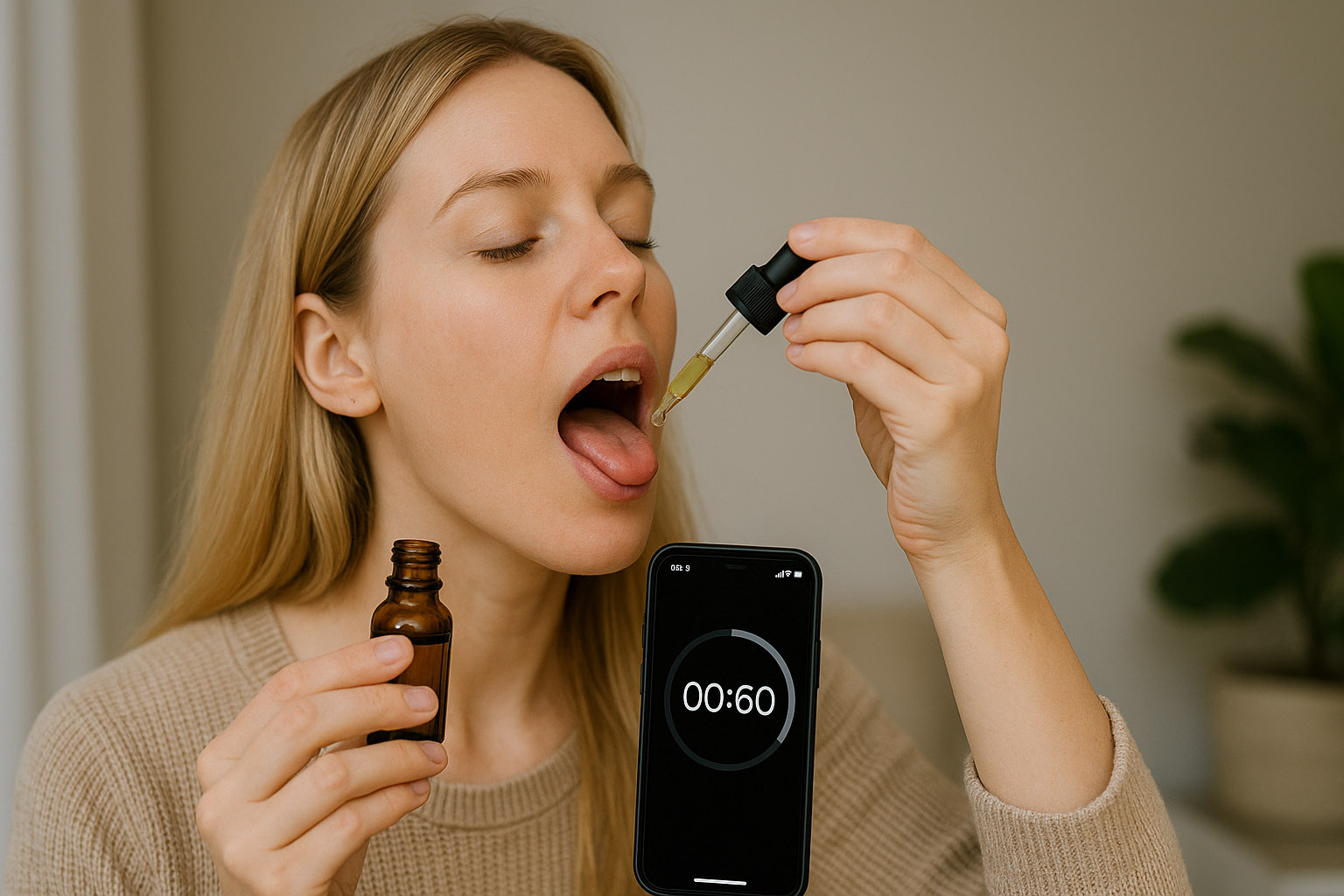 Tincture dose under tongue with timer app showing 00:60