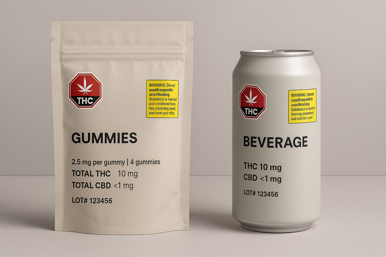 Edibles & drinks arranged in plain, compliant packaging