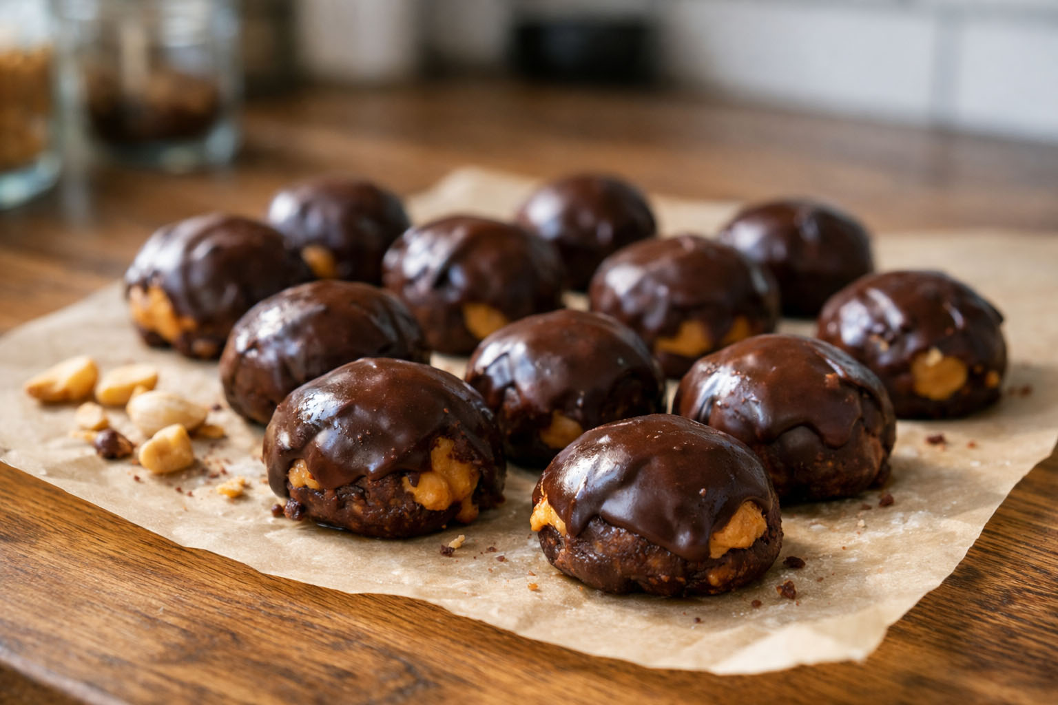 No-bake chocolate peanut butter cannabis edible bites on parchment paper No-bake chocolate peanut butter cannabis edible bites on parchment paper
