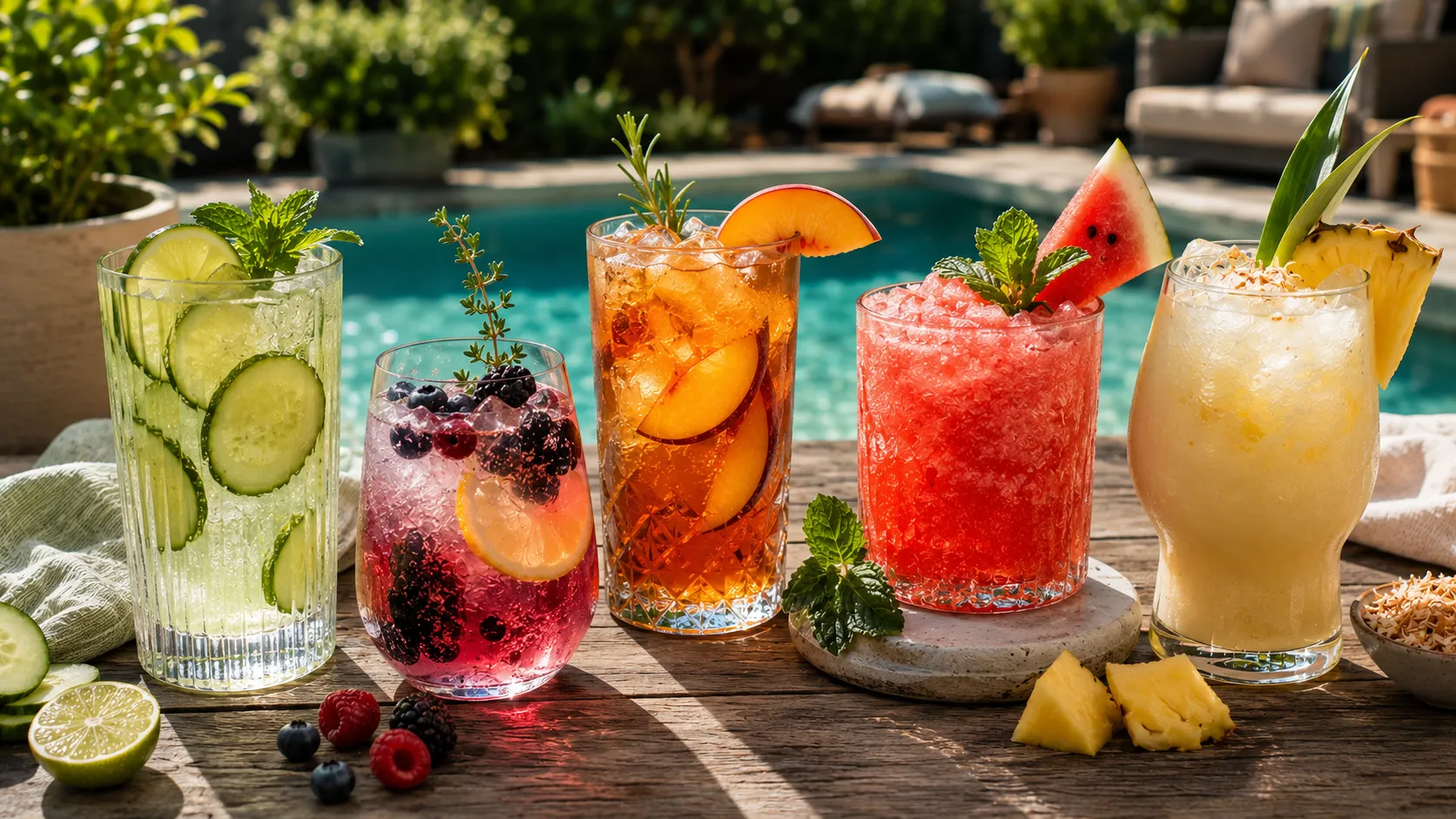 Five colourful alcohol-free cannabis mocktails served over ice with summer fruit garnishes. Five colourful alcohol-free cannabis mocktails served over ice with summer fruit garnishes.