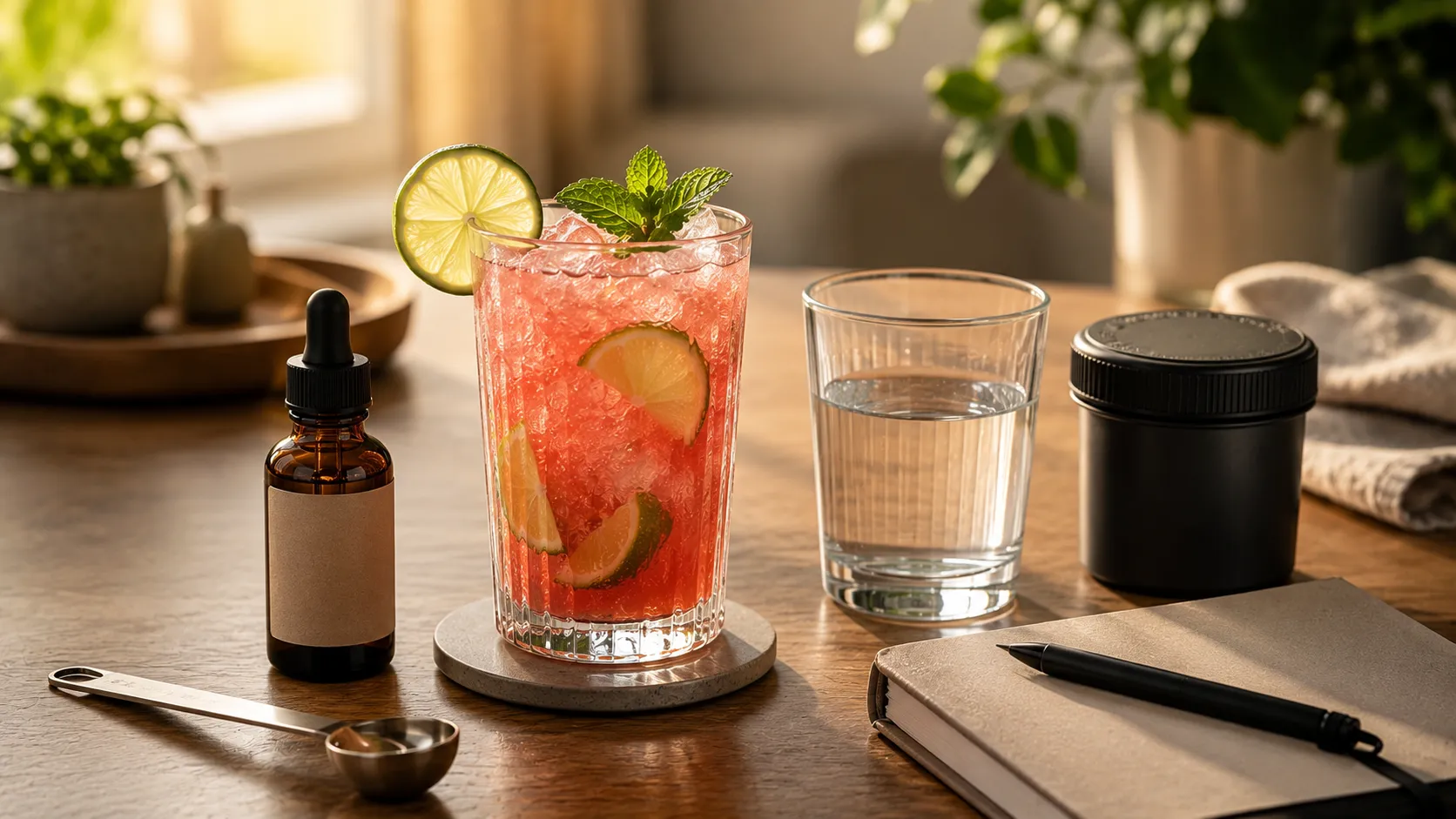 Single cannabis mocktail beside a measured dropper, water and clearly labelled storage container. Single cannabis mocktail beside a measured dropper, water and clearly labelled storage container.